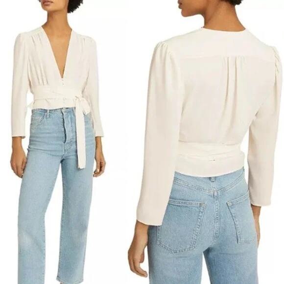 Reiss Top Womens 10 Alena Plunge Button Detail Blouse Satin Tie Waist Ivory - Picture 3 of 14